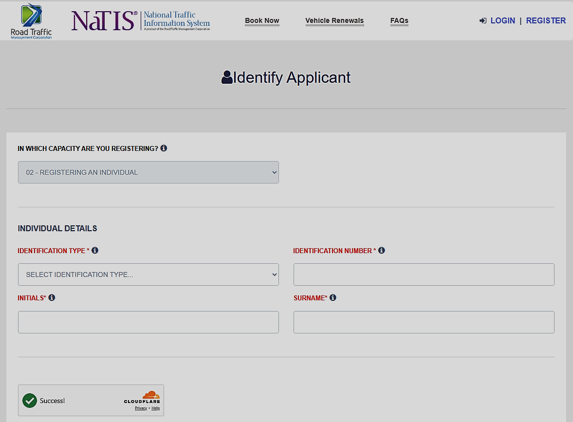NaTIS Identify Applicant screen for registering an individual, with identification type, identification number, initials, and surname fields.